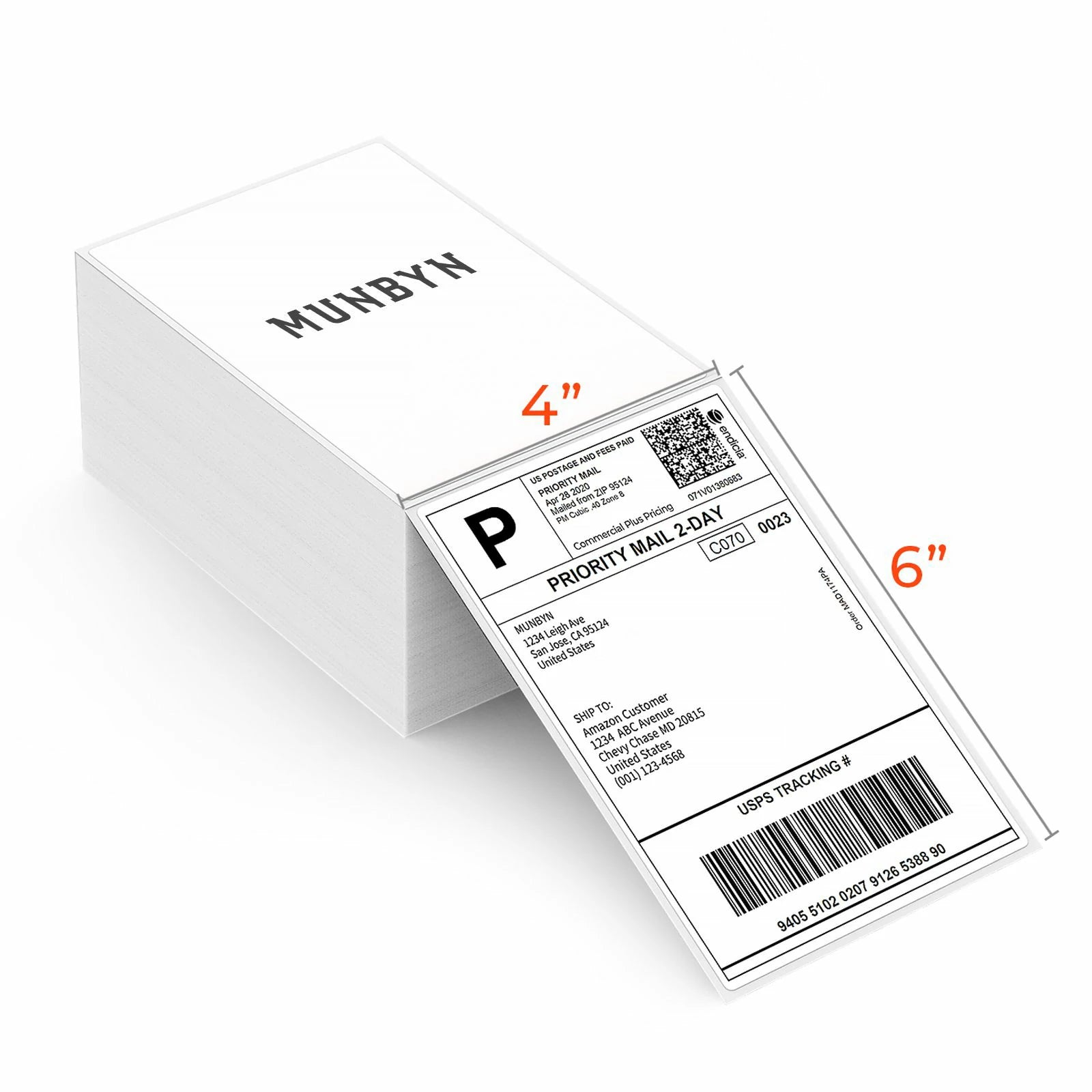 MUNBYN white thermal labels feature a 4x6 inch size, providing ample space for printing detailed information or images.